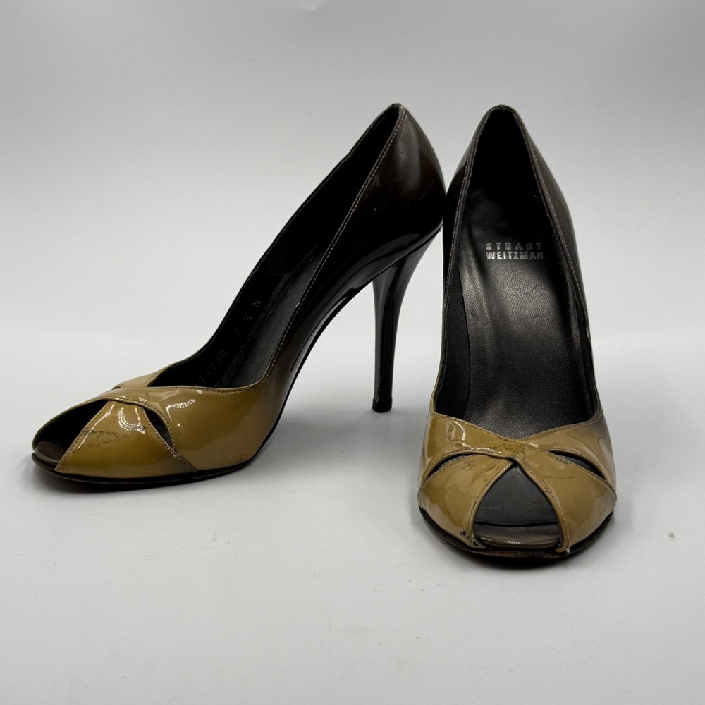 Stuart Weitzman Peep Toe Heels Brown Tan Patent Leather Pumps Size 7.5 N‎